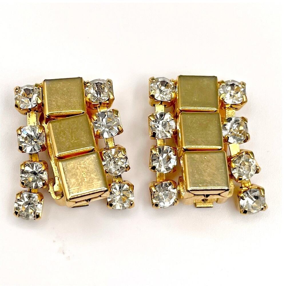 Vintage Gold Tone Deco Style Rectangular Shape Rhinestone Clip Earrings Boho Y2K